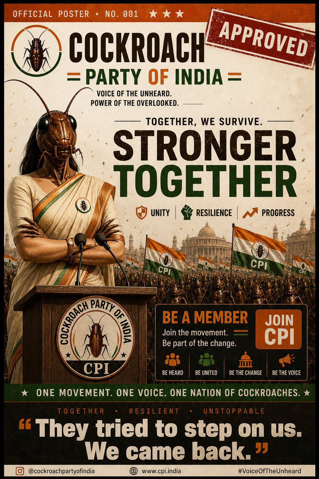Cockroach Party of India — Stronger Together · official rally poster